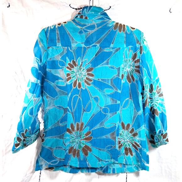 Shacket Shirt Blue Black Burnout Women's Size M L Floral 3/4 Sleeve Semi-sheer - Picture 6 of 12